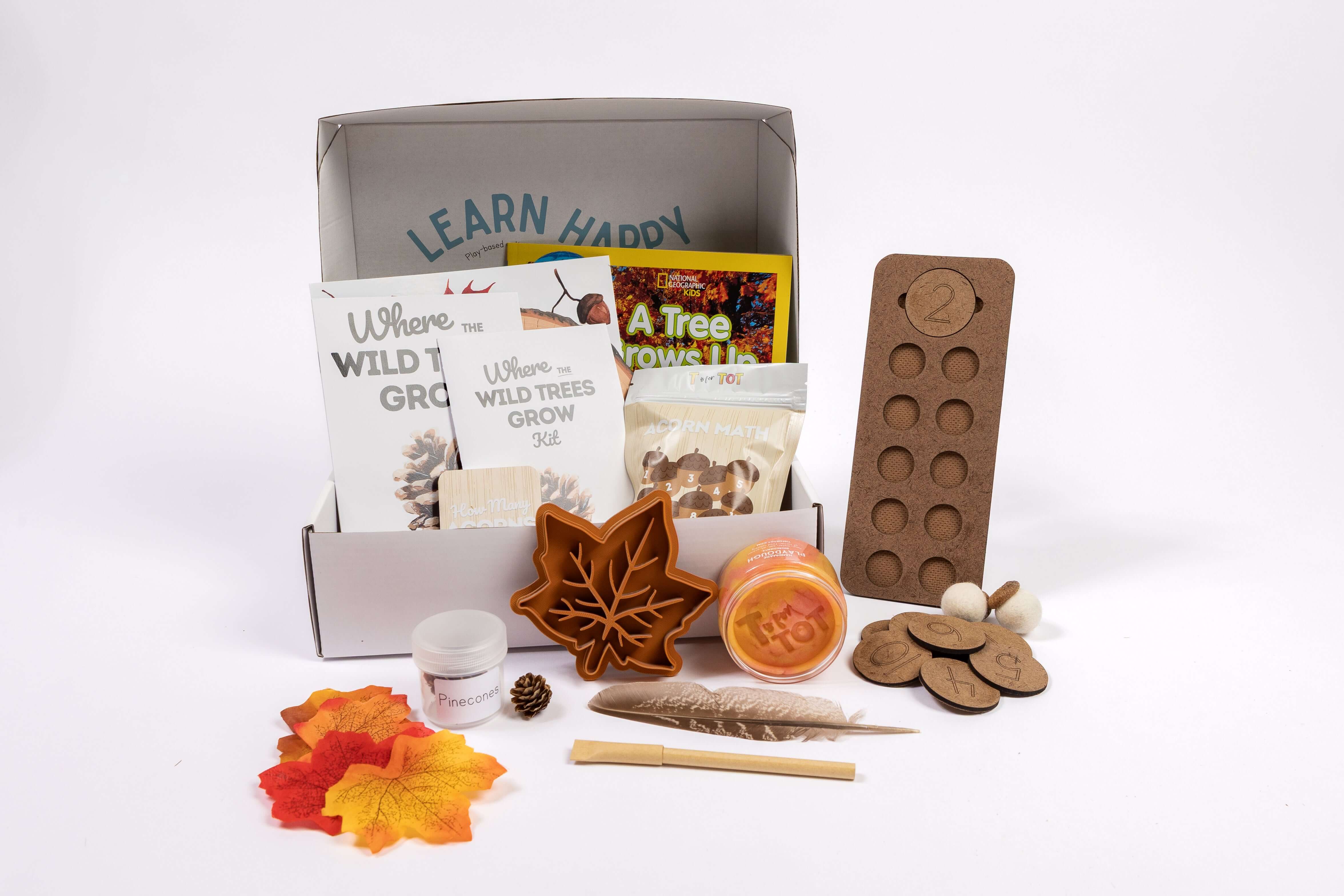 Hands-on nature discovery materials including tree activity booklet and wooden learning tools for early childhood exploration